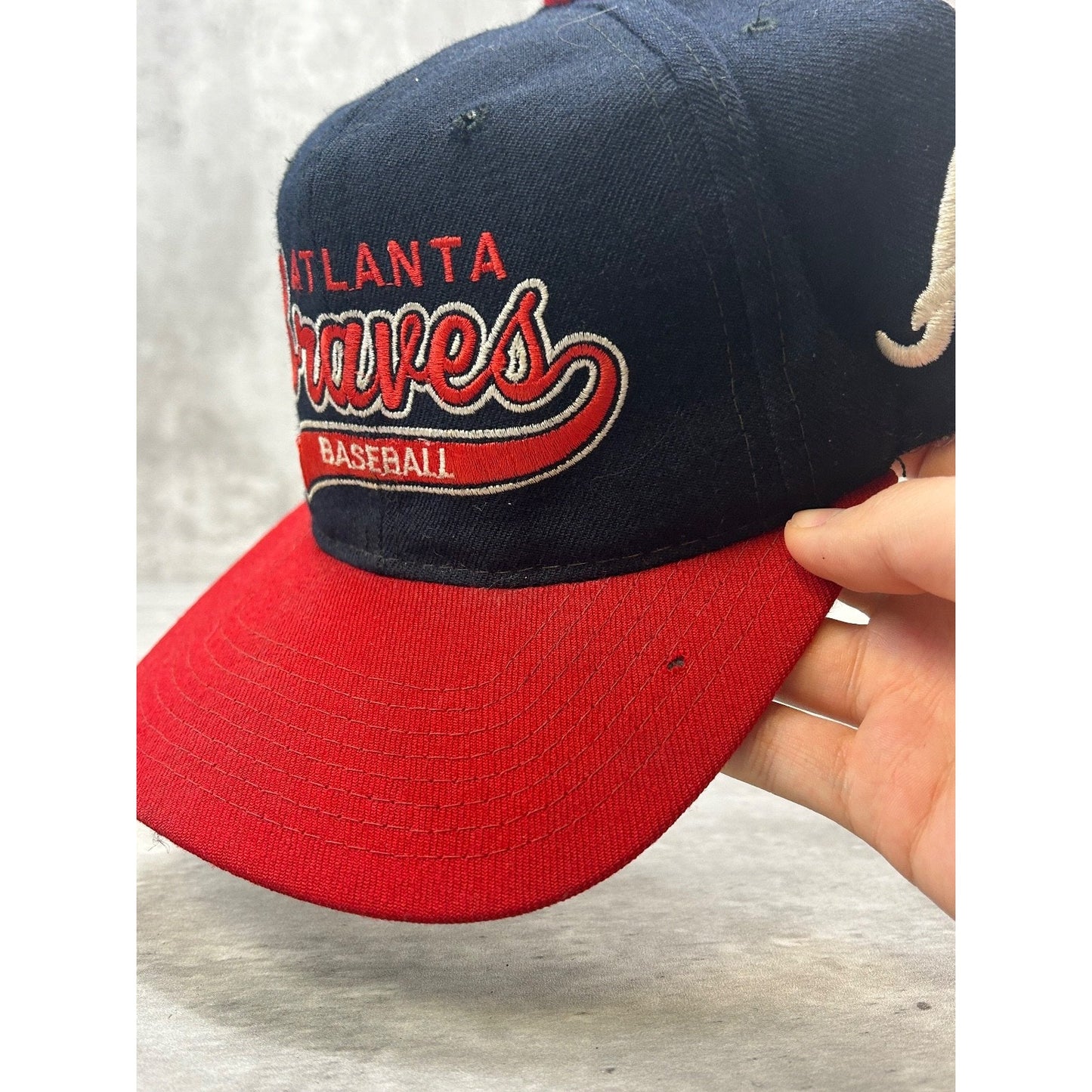 Vintage 90s Atlanta Braves MLB Starter Tailsweep Wool Snapback Hat OSFA
