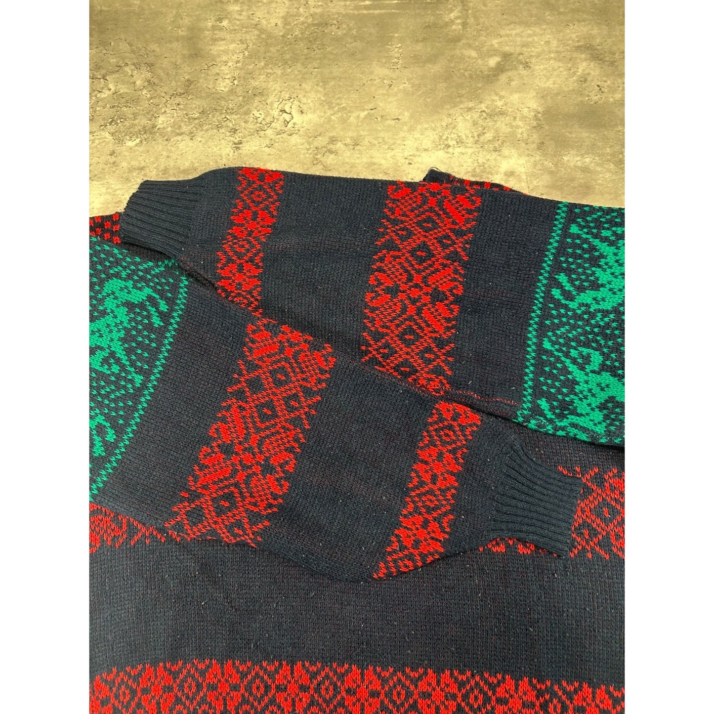 Vintage 90s Code Identification Abstract Striped Reindeer Knit Sweater Sz Large