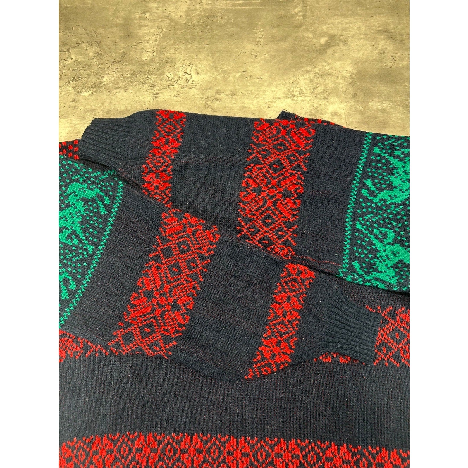 Vintage 90s Code Identification Abstract Striped Reindeer Knit Sweater Sz Large