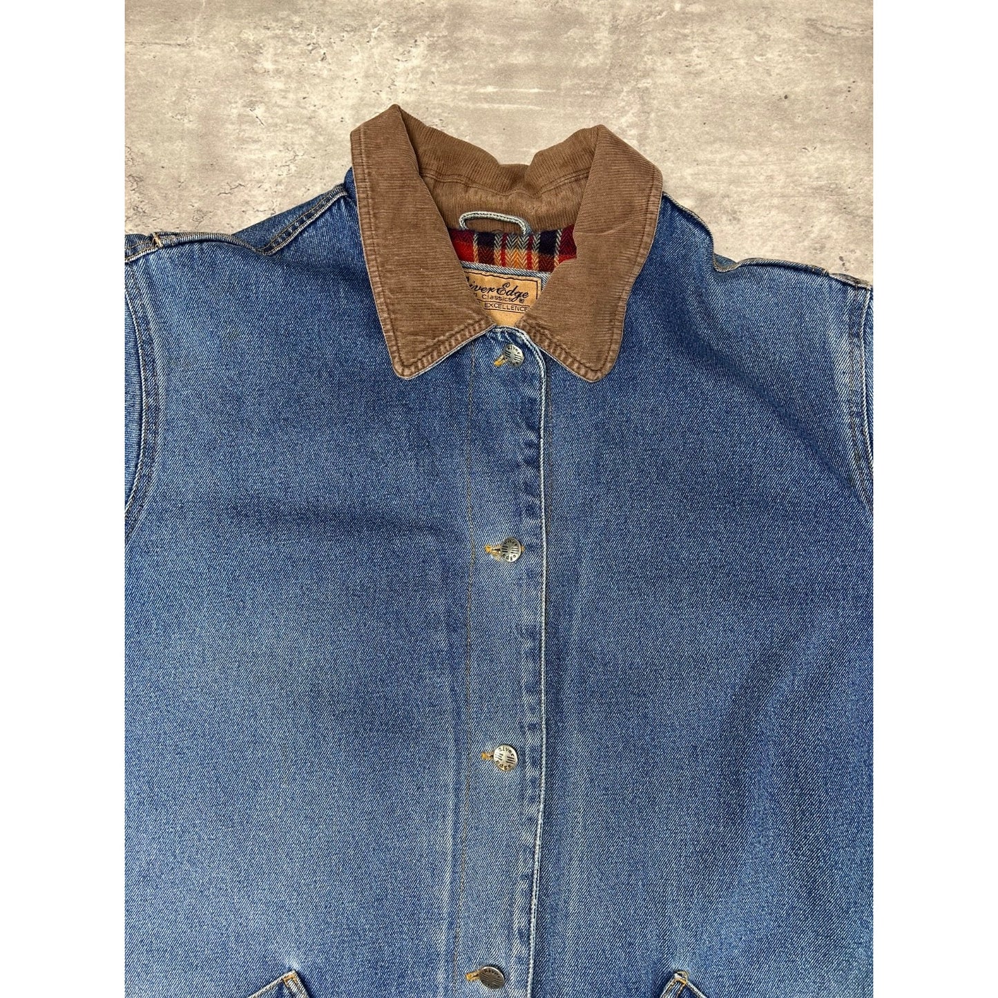 Vintage 90s RiverEdge Plaid Lined Light Wash Denim Workwear Chore Jacket Sz 2XL