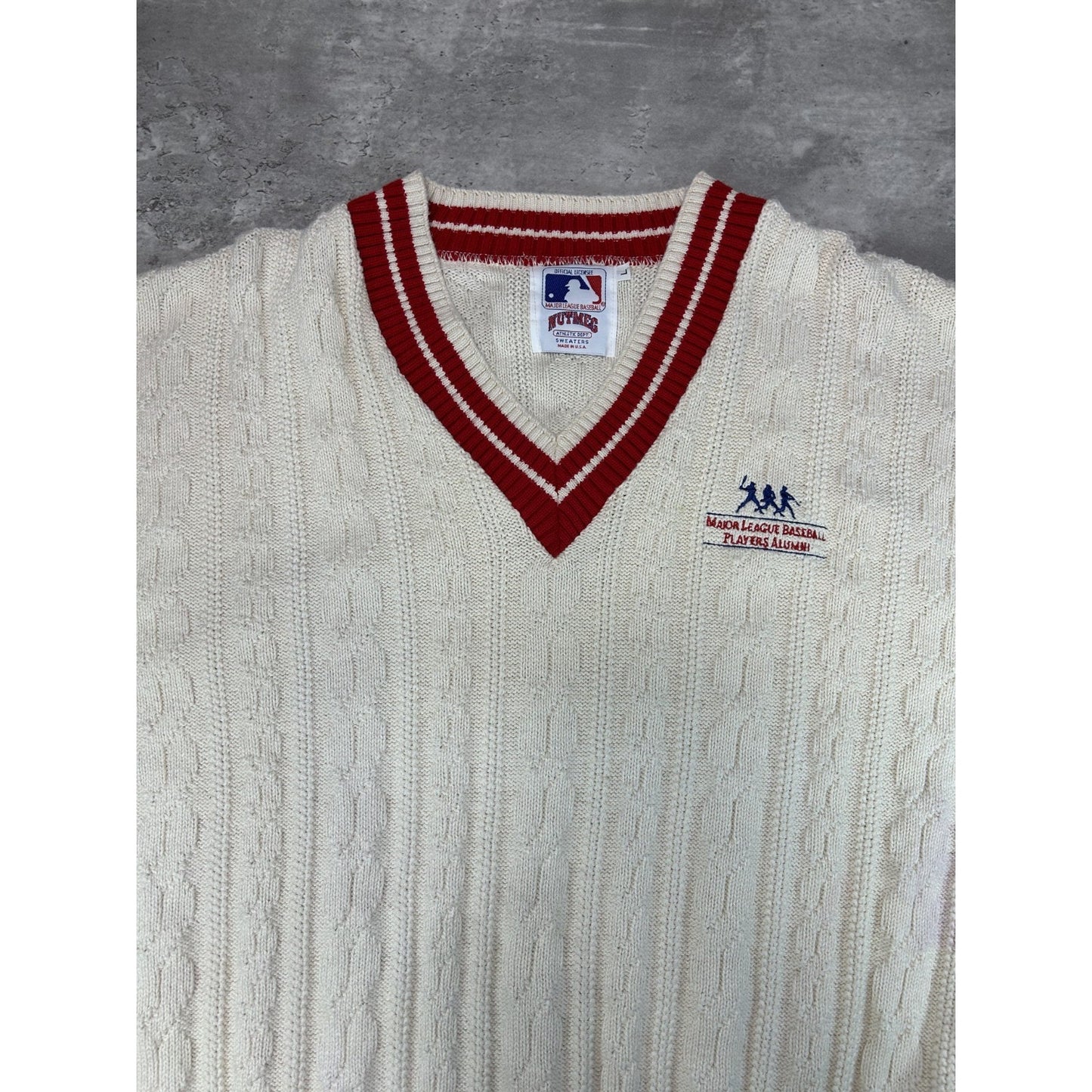 Vintage 90s MLB Player Alumni Embroidered Cable Knit V-Neck Sweater Size Large