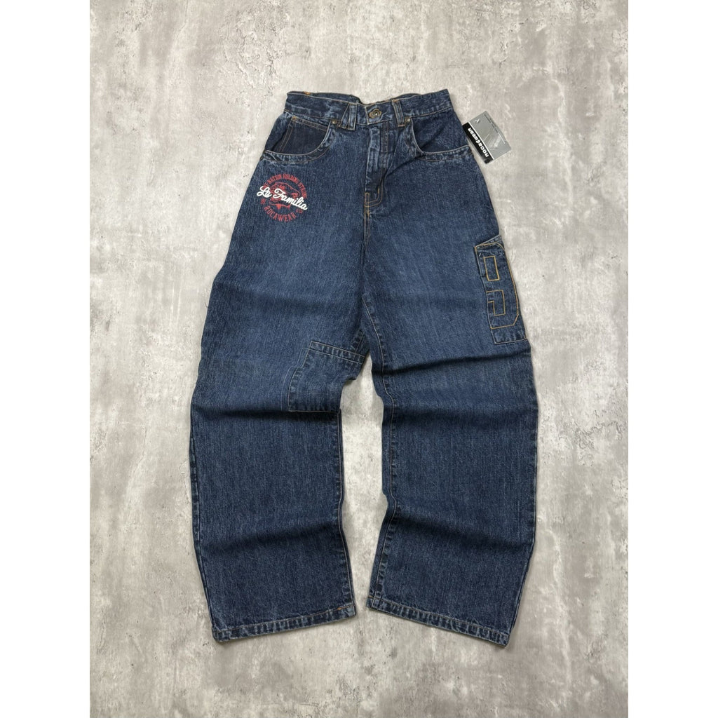 Vintage Y2K Womens Rocawear La Familia Embroidered Medium Wash Denim Pants 26x29