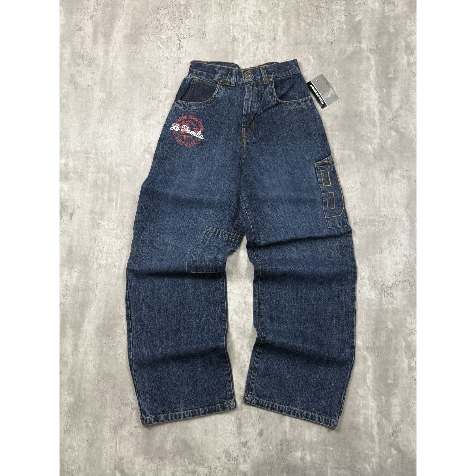 Vintage Y2K Womens Rocawear La Familia Embroidered Medium Wash Denim Pants 26x29