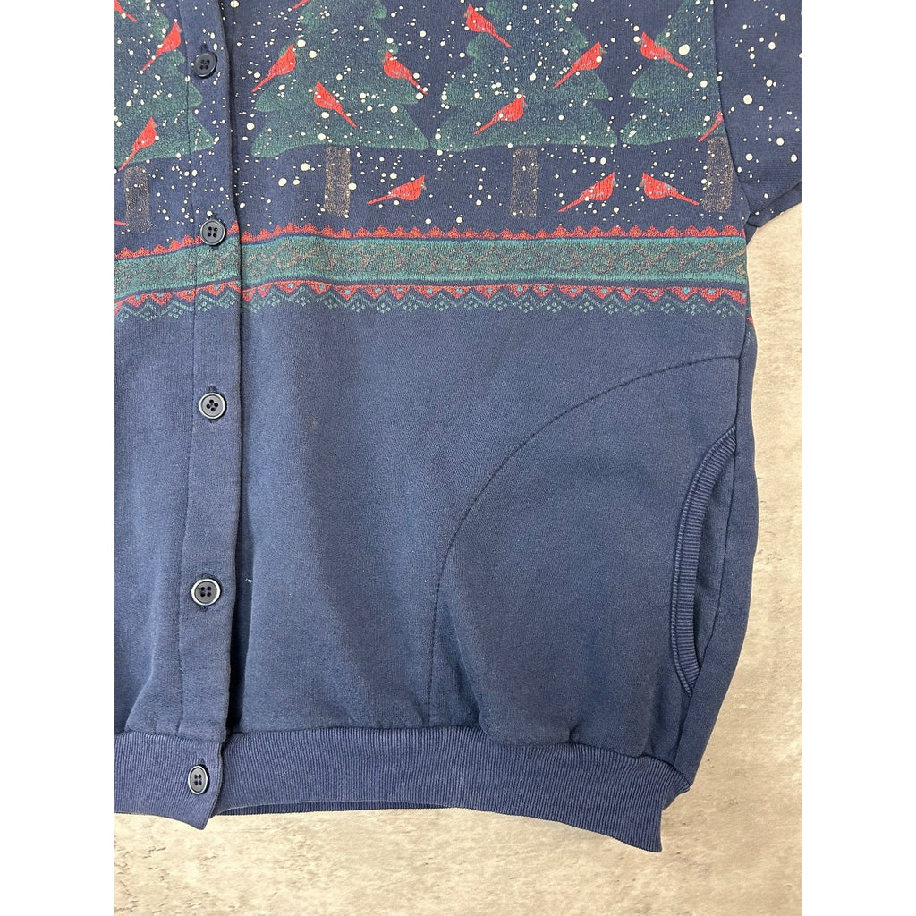 Vintage 90s Cardinal Winter Landscape All Over Print Cardigan Sweatshirt Large
