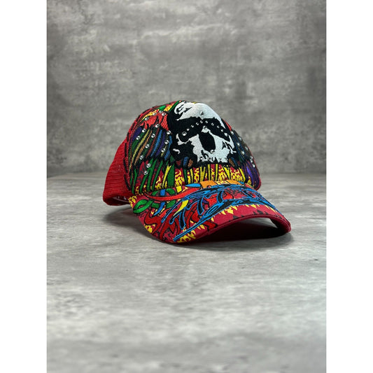 Vintage Y2K Lucky 777 Bedazzled Skull Trucker Snapback Hat OSFA Red