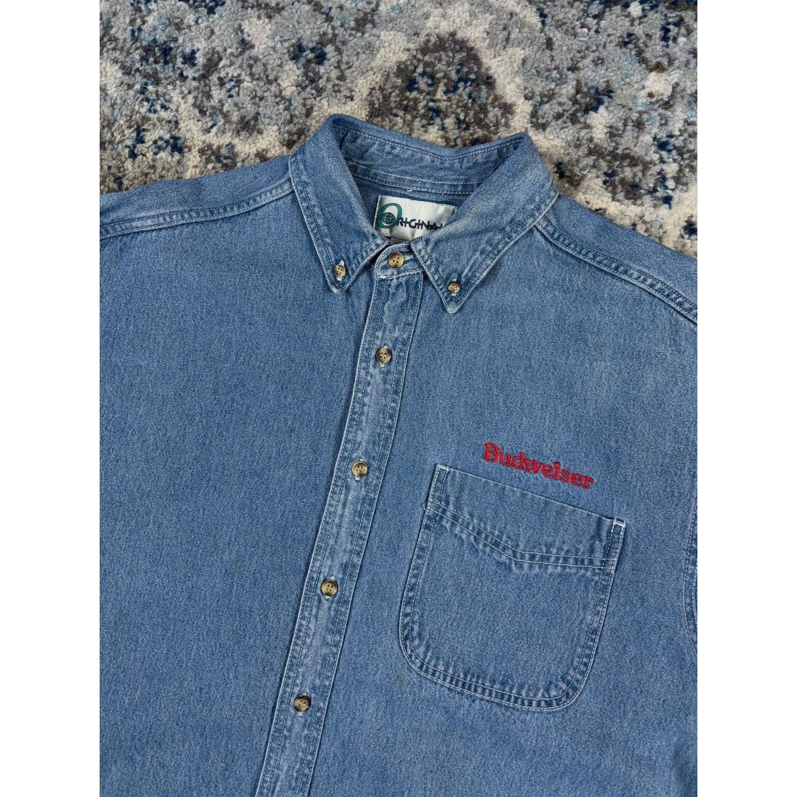90s Budweiser Embroidered Logo Medium Wash Denim Button Up Shirt Size Large
