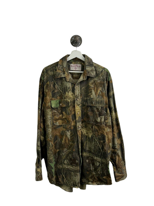 Vtg Wrangler Rugged Wear Advantage Timber Camo Hunting Button Up Shirt Sz XL