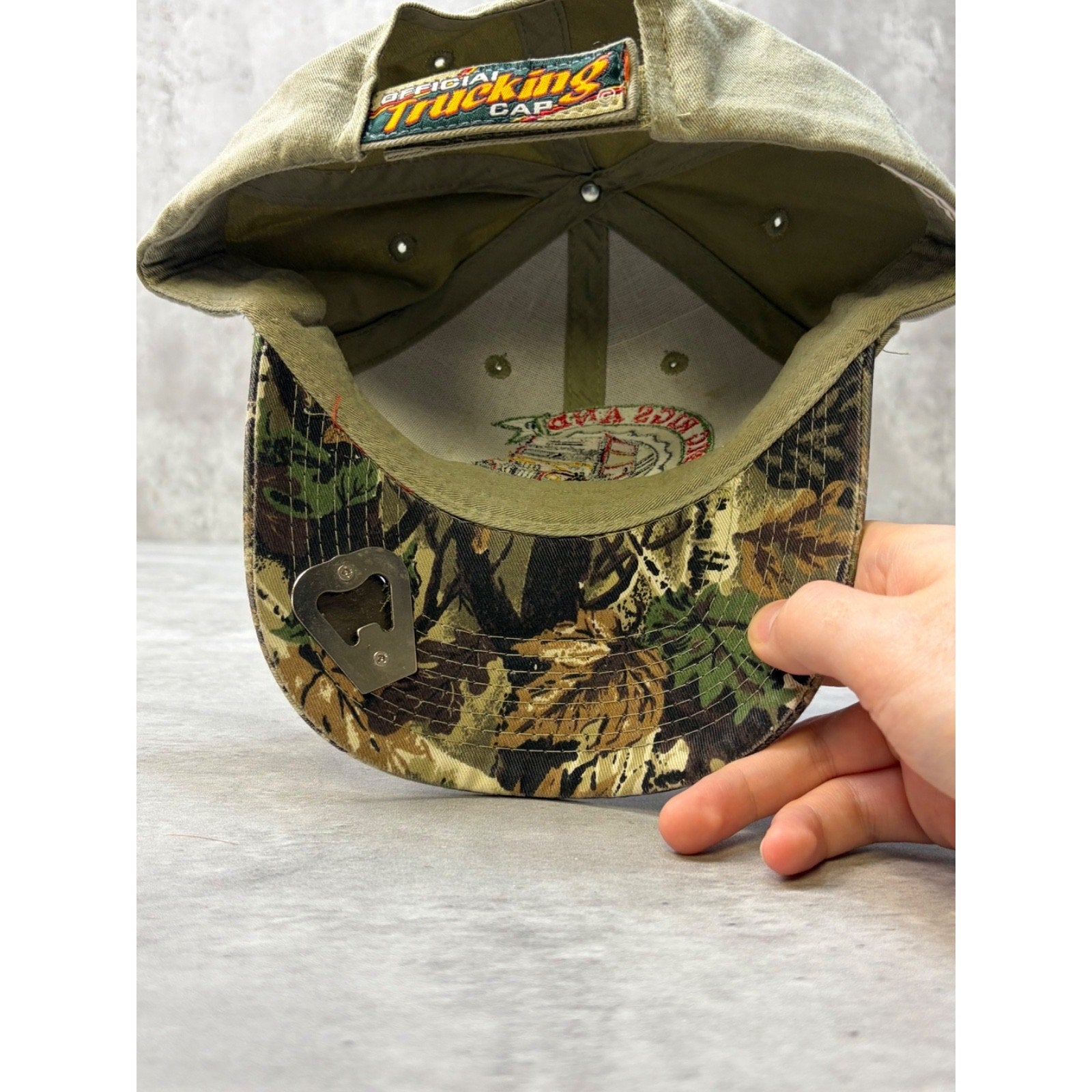 Vintage Big Rigs & Beer Embroidered Logo Bottle Opener Camo Strapback Hat OSFA