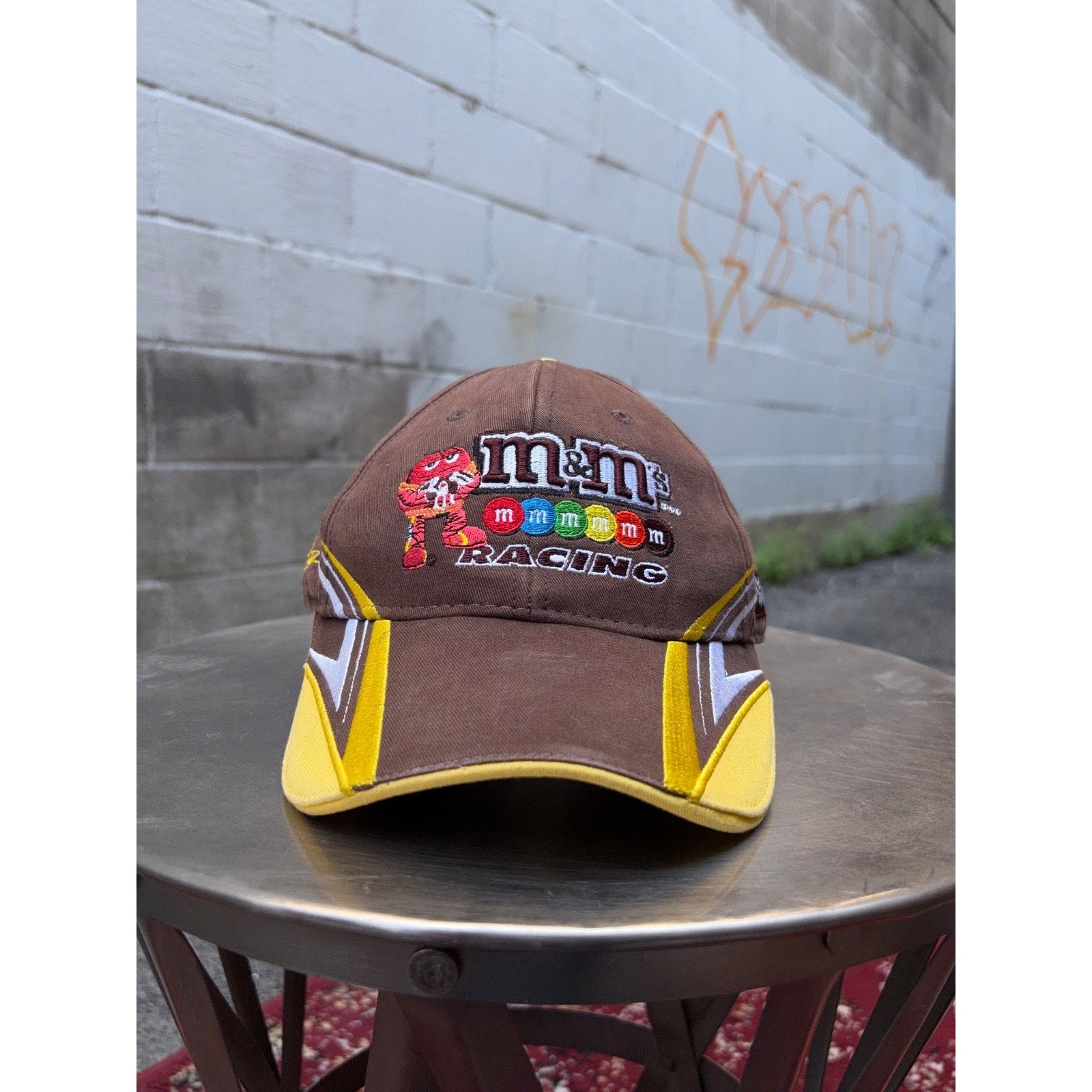 Vintage M&M Racing Embroidered Mascot Graphic Spellout Strapback Hat OSFA