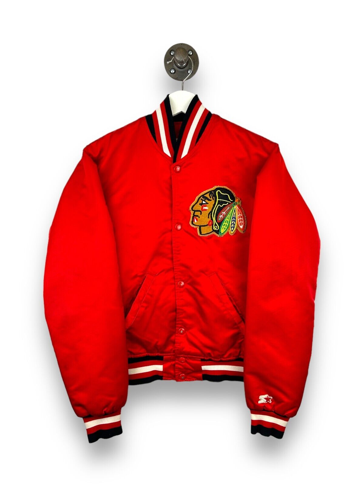 Vintage 90s Chicago Blackhawks NHL Satin Bomber Jacket Size Small Red