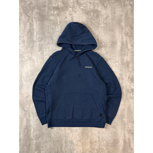 Patagonia Graphic Spellout Pullover Hooded Sweatshirt Size Medium Navy Blue