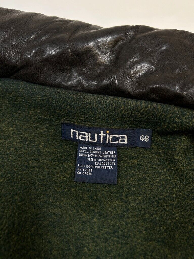 Vintage 90s Nautica Fleece Lined Leather Full Zip Bomber Jacket Size 48 XXL