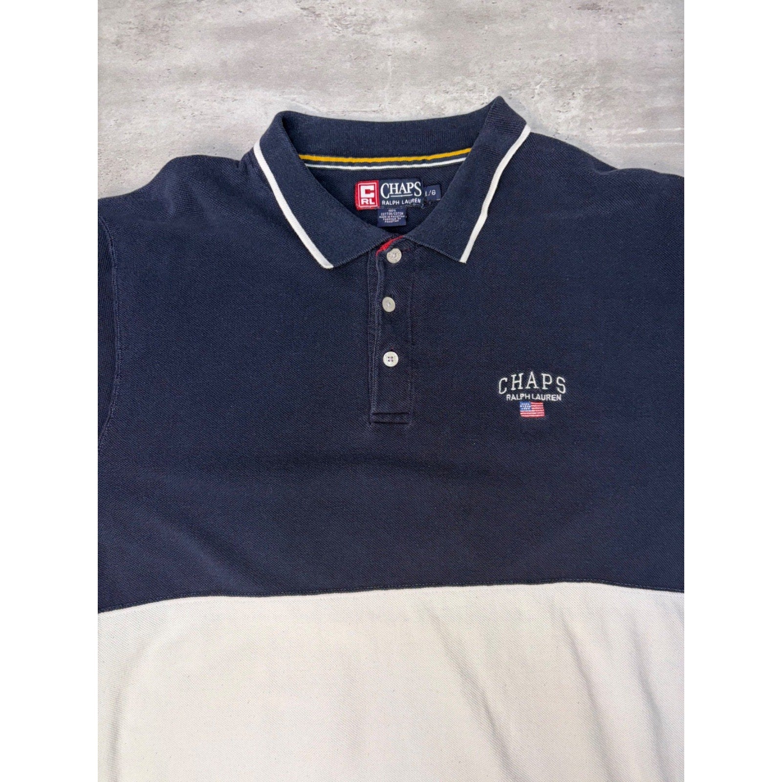 Vintage Chaps Spellout Flag Graphic Long Sleeve Rugby Button Up Shirt Size Large