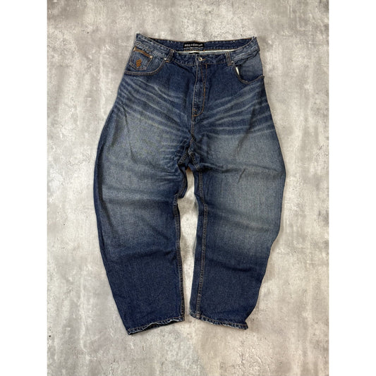 Vintage Y2K Rocawear Baggy Fit Embroidered Pocket Dark Wash Denim Pants Size 38