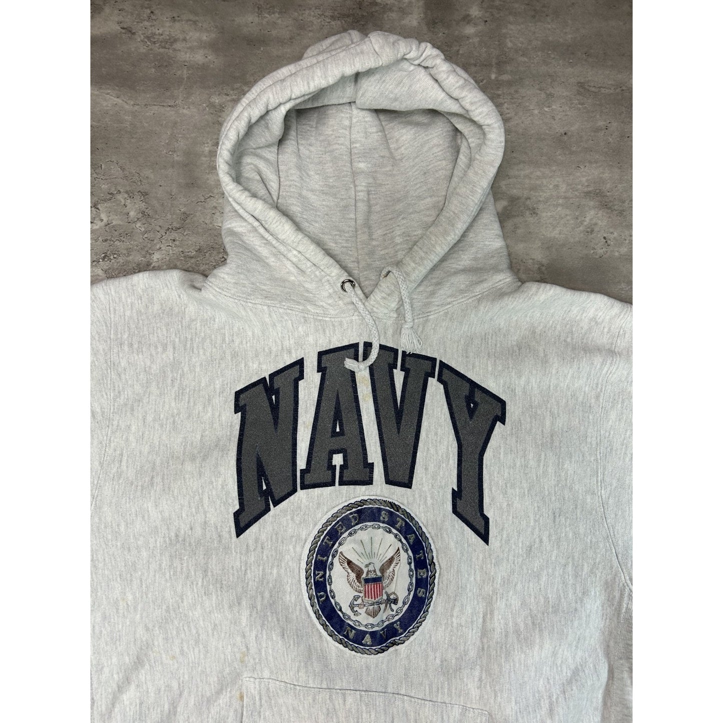 Vintage 90s US Navy Crest Spellout Crest Pullover Hooded Sweatshirt Size XL