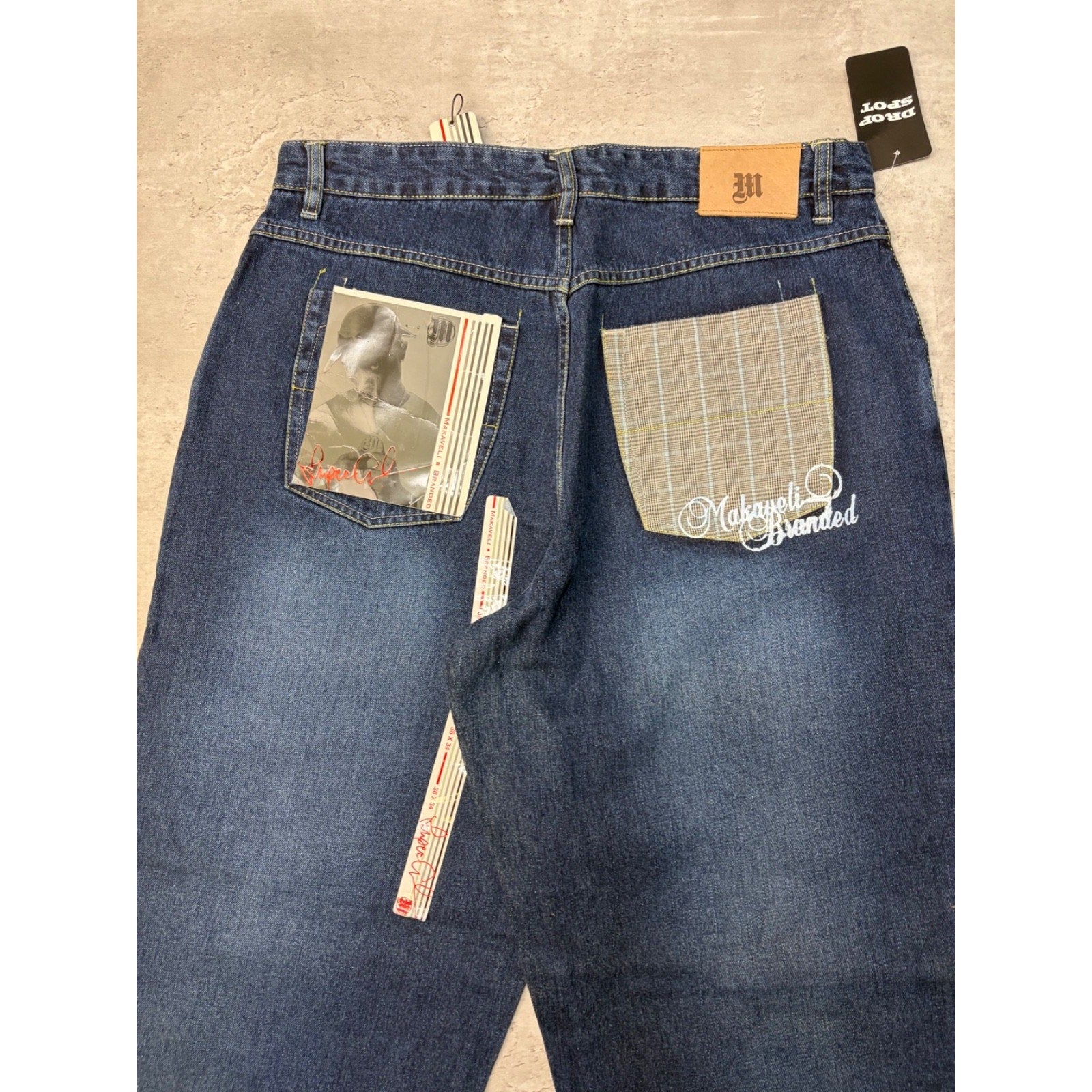 Vintage Y2K Makaveli Plaid Pocket Embroidered Dark Wash Denim Pants