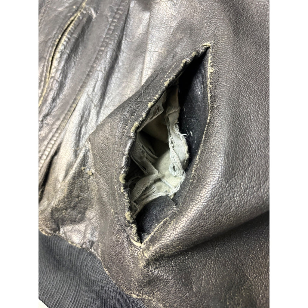 Vintage Leather Globe Pattern Lined Full Zip Bomber Jacket Size XL