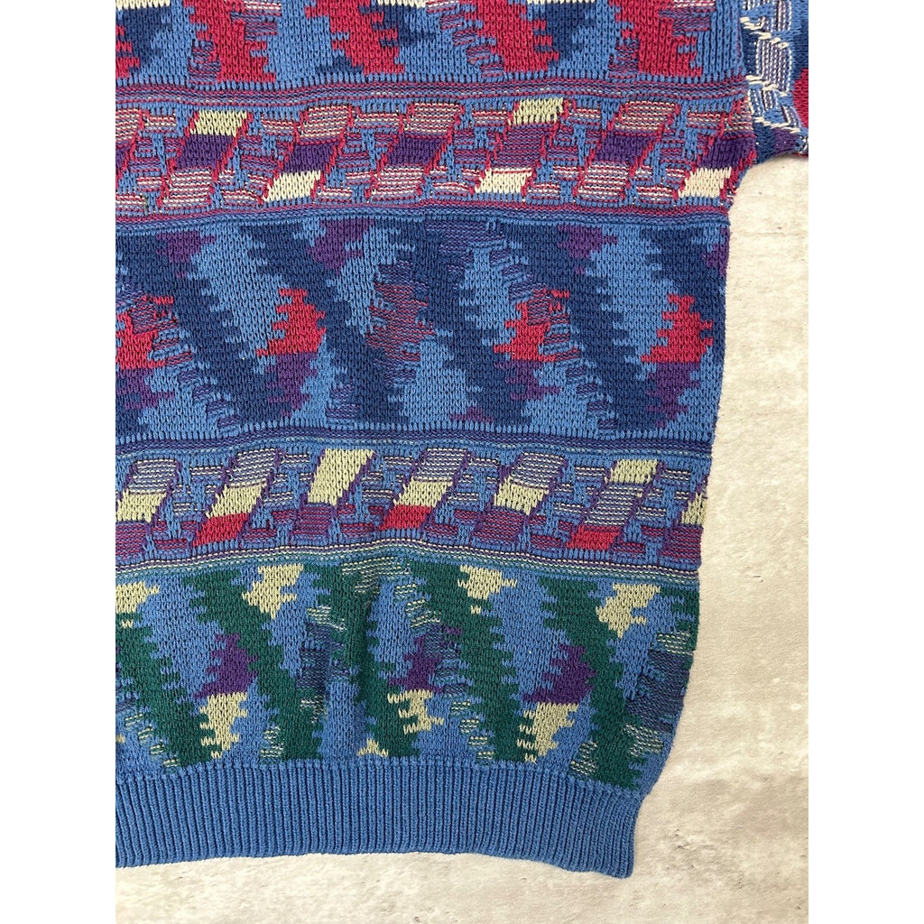 Vintage 90s Abstract Geometric Striped Pullover Knit Sweater Size XL