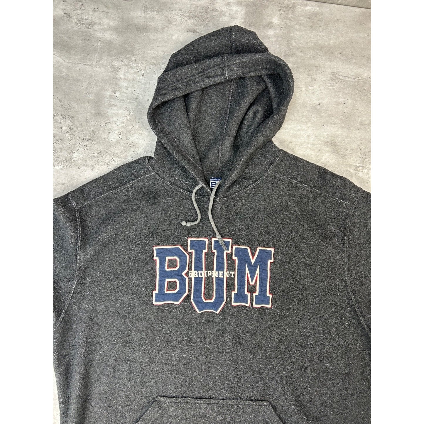 Vintage BUM Equipment Embroidered Spellout Hooded Sweatshirt Size Large Gray