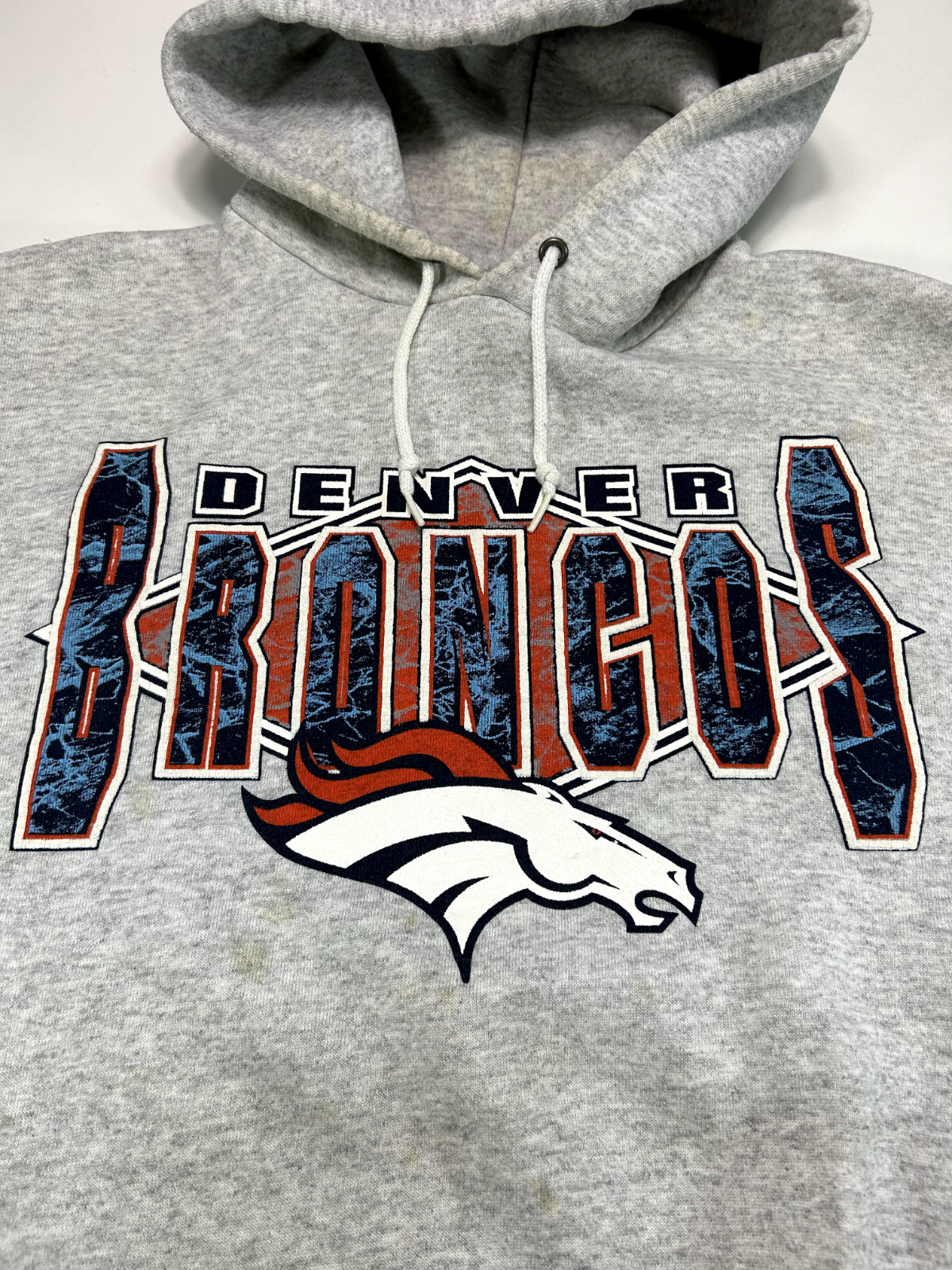 Vintage 90s Denver Broncos NFL Graphic Spellout Hooded Sweatshirt Size XL Gray