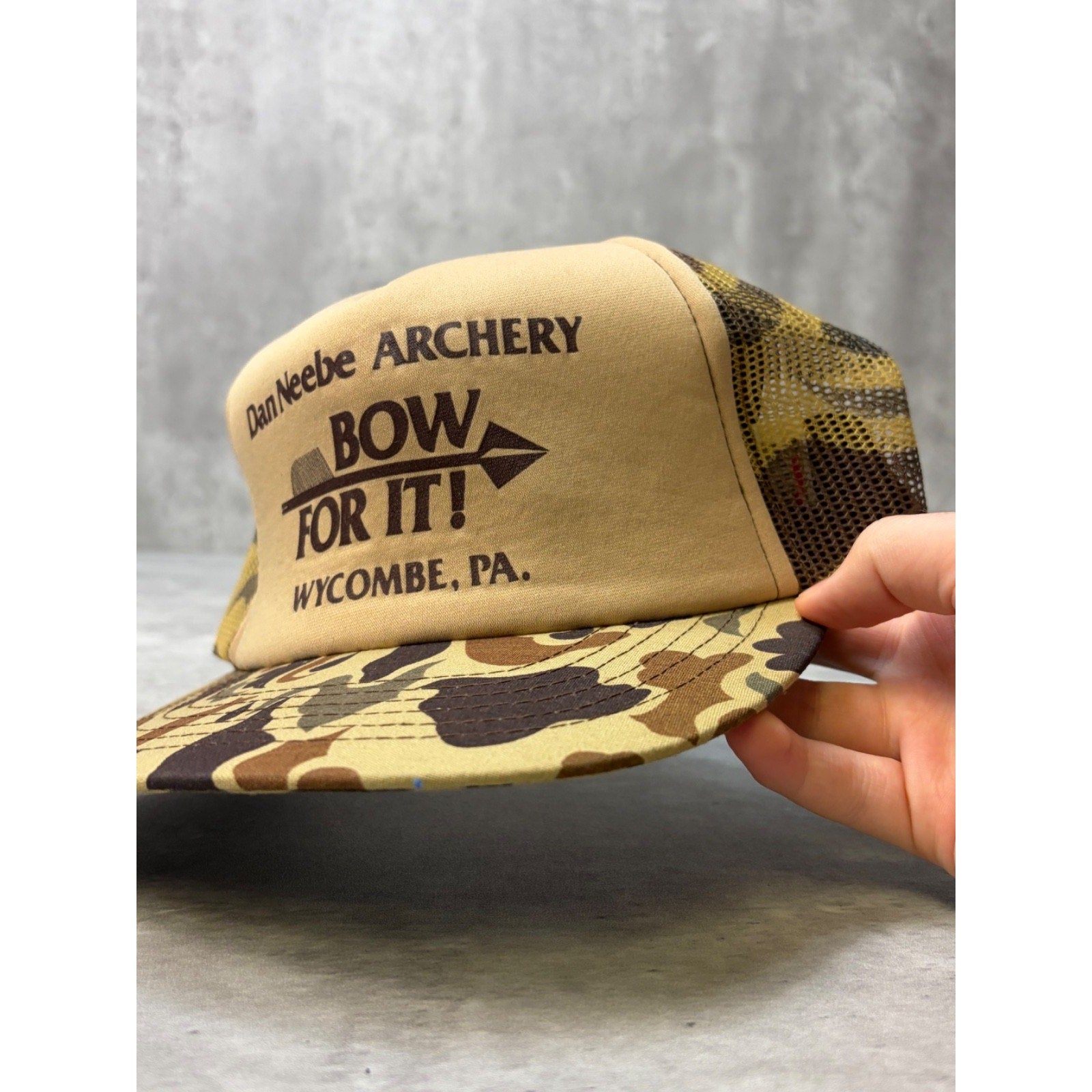Vintage 80s Bow For It Dan Neebe Archery Two Tone Trucker Snapback Hat OSFA