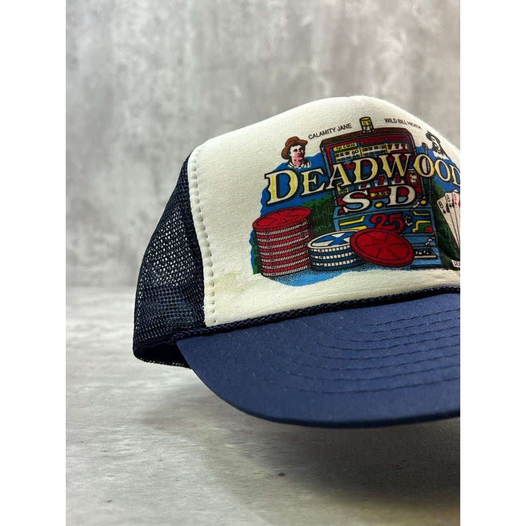 Vintage 80s Deadwood S.D. Casino Destination Graphic Trucker Snapback Hat OSFA