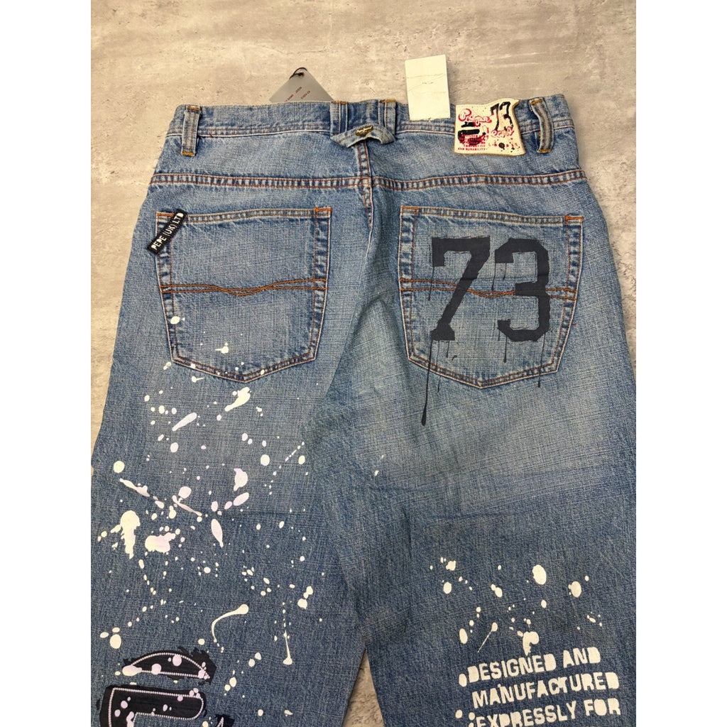 Vintage Y2K Pepe Jeans Paint Splatter Spellout Medium Wash Denim Pants Sz 38x33