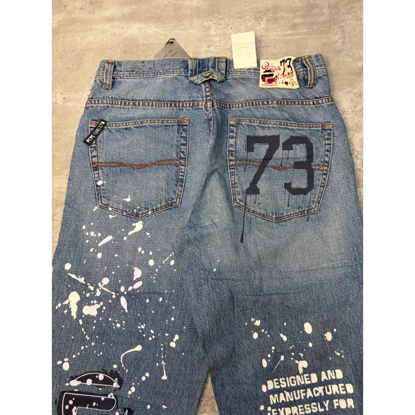 Vintage Y2K Pepe Jeans Paint Splatter Spellout Medium Wash Denim Pants Sz 38x33