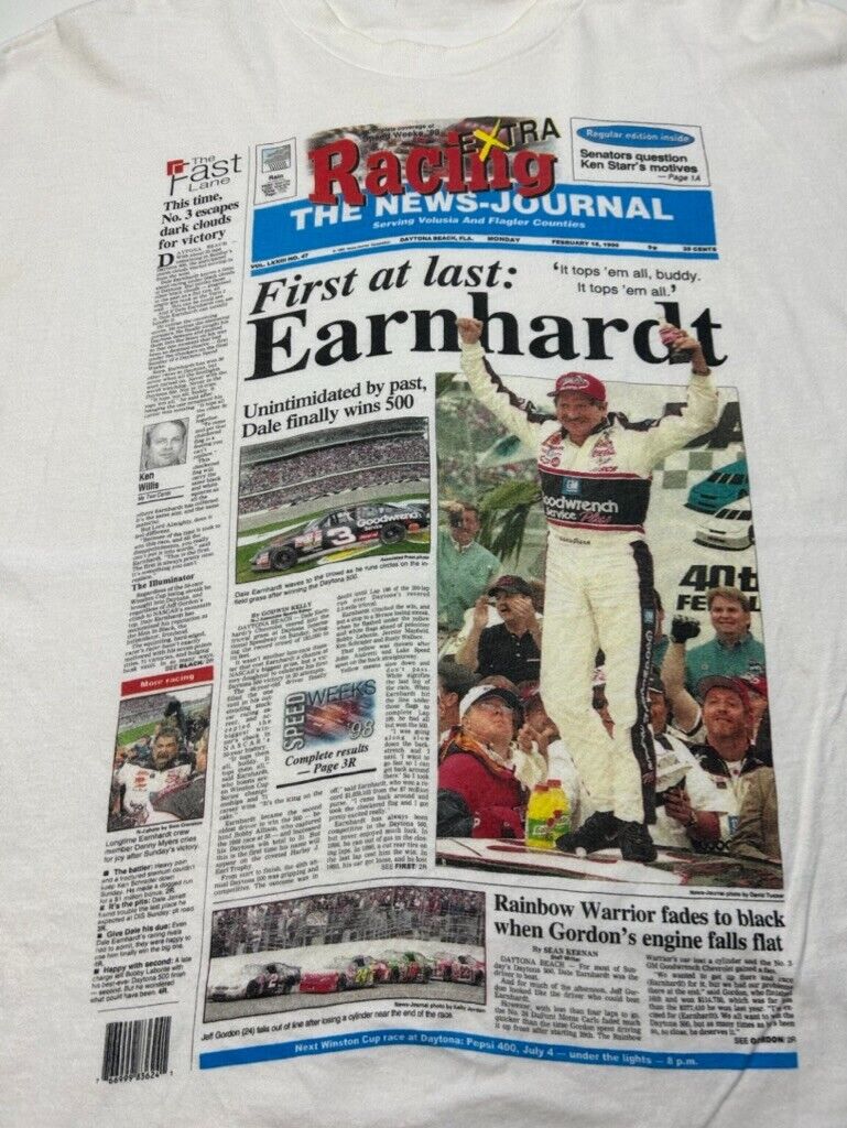 Vintage 1998 Dale Earnhardt #3 Nascar Racing Newspaper Graphic T-Shirt Size XL