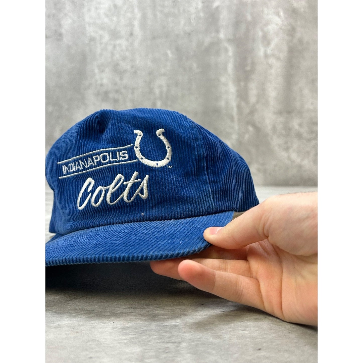 VTG 90s Indianapolis Colts NFL Embroidered Spellout Corduroy Snapback Hat OSFA