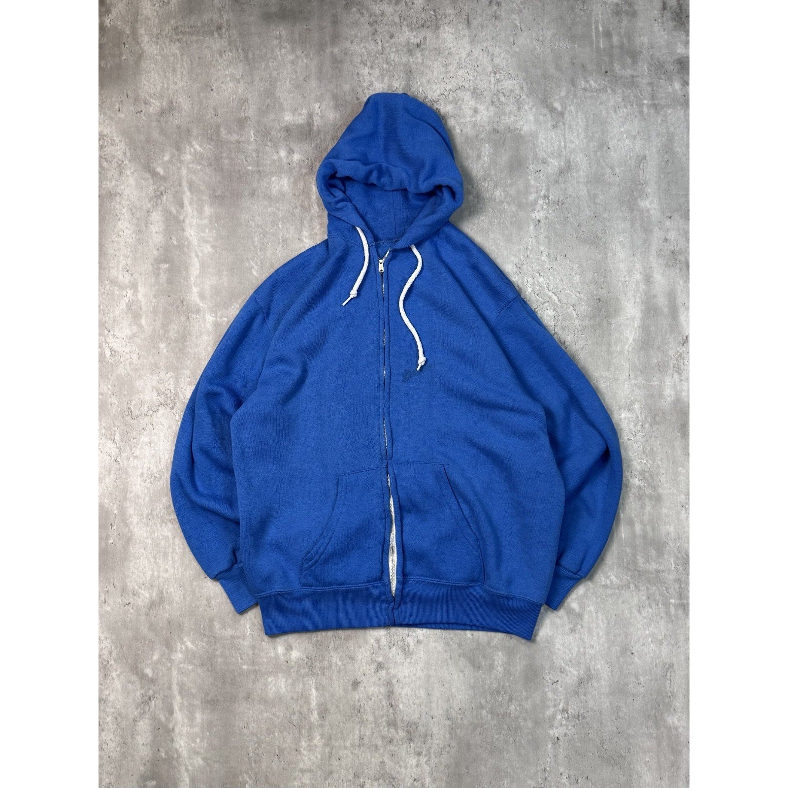 Vintage 80s Full Zip Hooded Blank Blue Sweatshirt Size Large