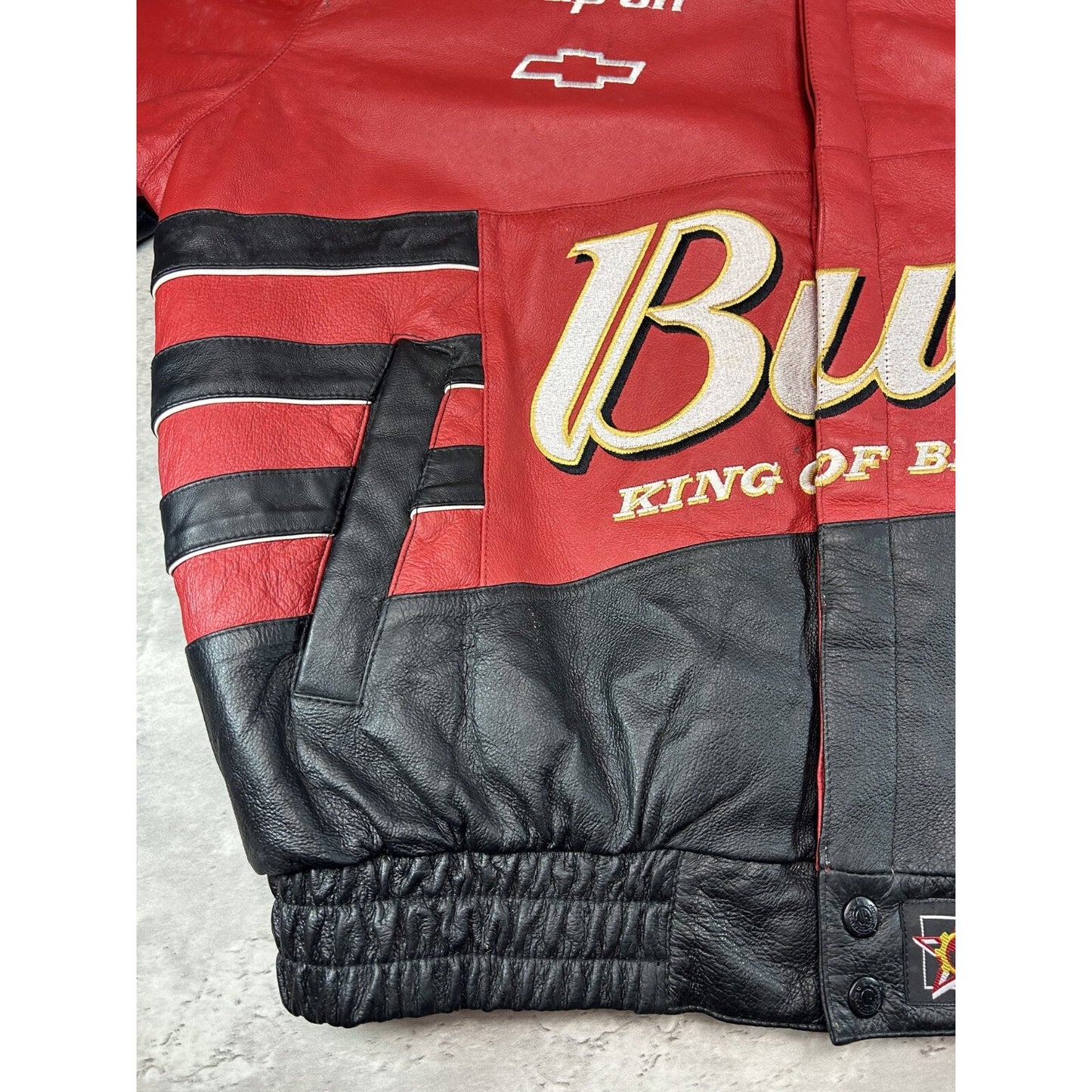 Vintage 90s Jeff Hamilton Budweiser King Of Beers Nascar Leather Race Jacket XL