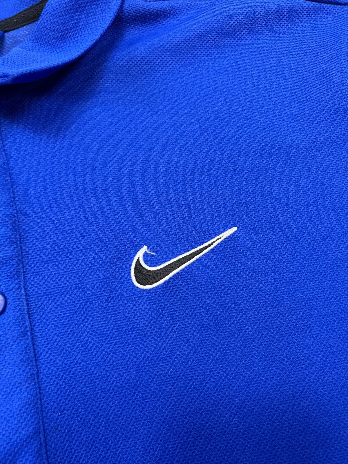 Vintage 90s Nike Embroidered Swoosh Button Up Warmup Shirt Size XL Blue