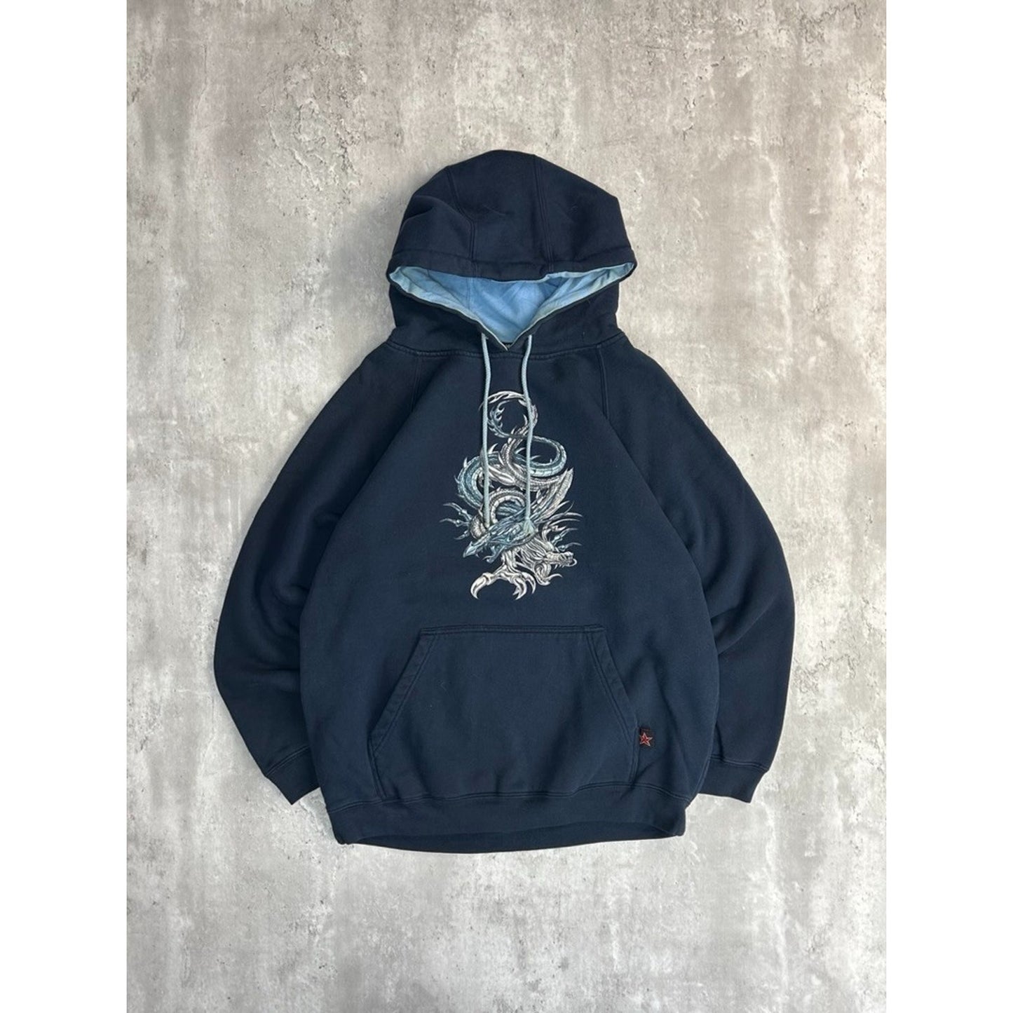 Vintage Y2K Dragon Graphic Pullover Hooded Sweatshirt Size Medium Blue