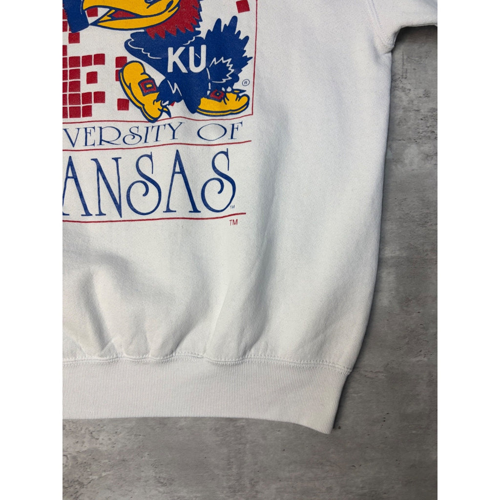 90s University Of Kansas NCAA Mascot Graphic Spellout Sweatshirt Size Large