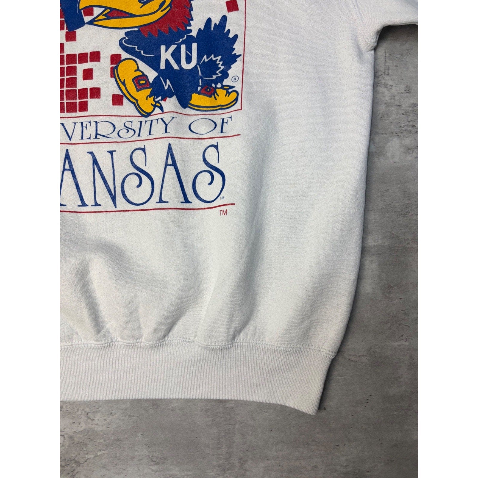 90s University Of Kansas NCAA Mascot Graphic Spellout Sweatshirt Size Large