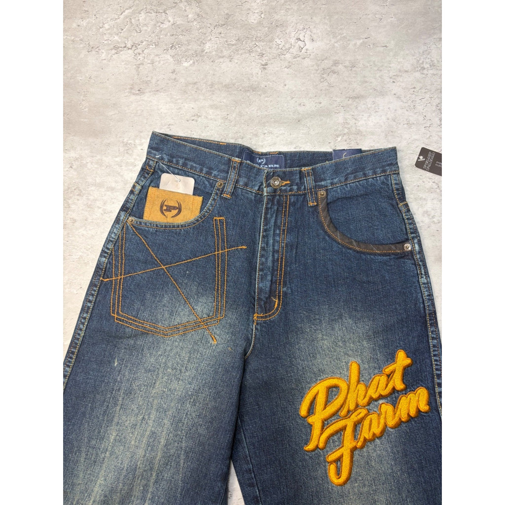 Vintage Womens Y2K Phat Farm Embroidered Script Dark Wash Denim Pants