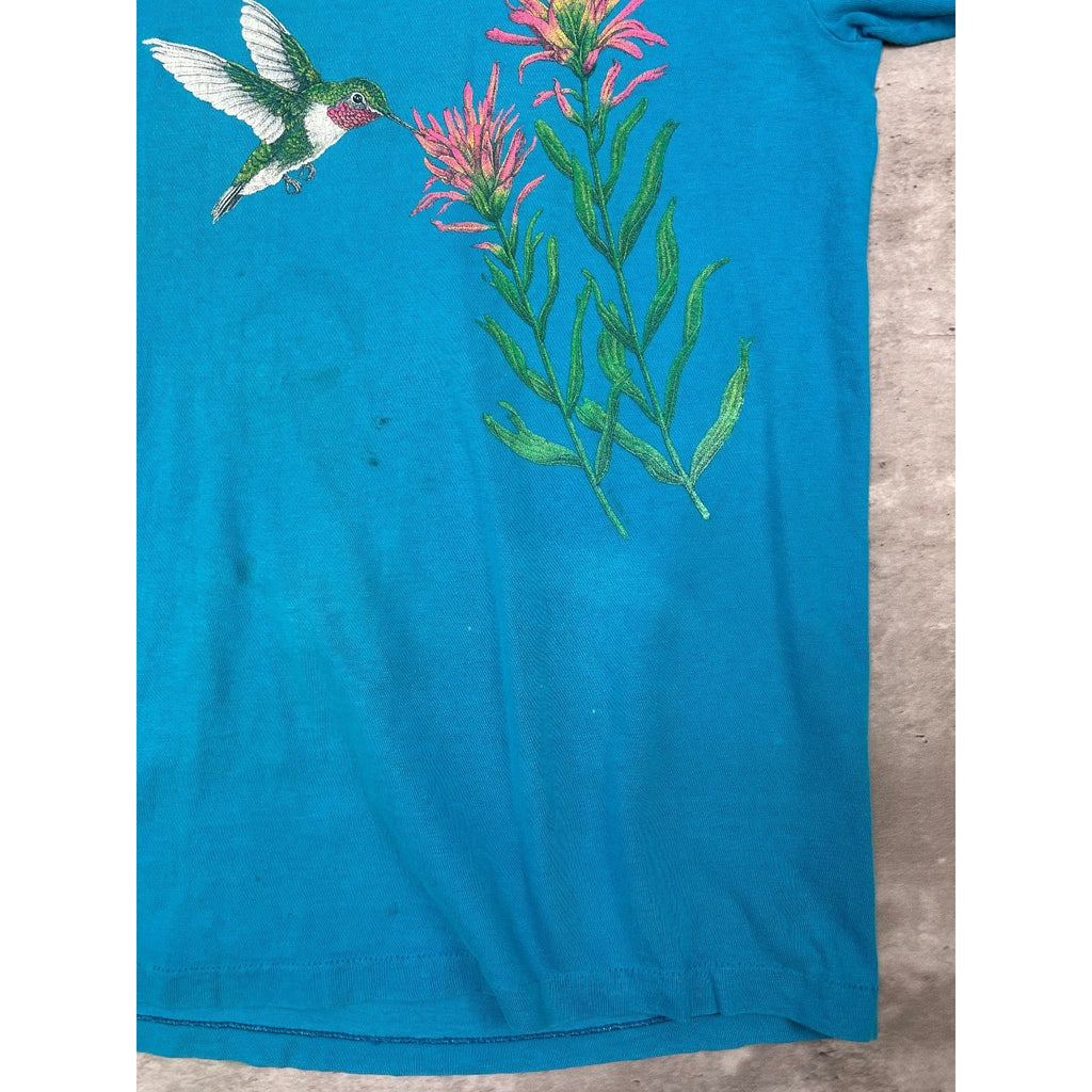 Vintage 90s Hummingbird Flower Nature Graphic T-Shirt Size Large Blue