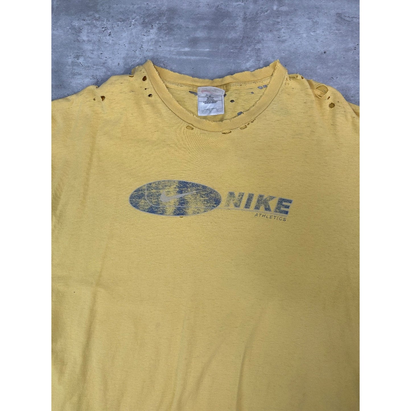 Vintage 90s Nike Swoosh Spellout Graphic Distressed T-Shirt Size XL Yellow