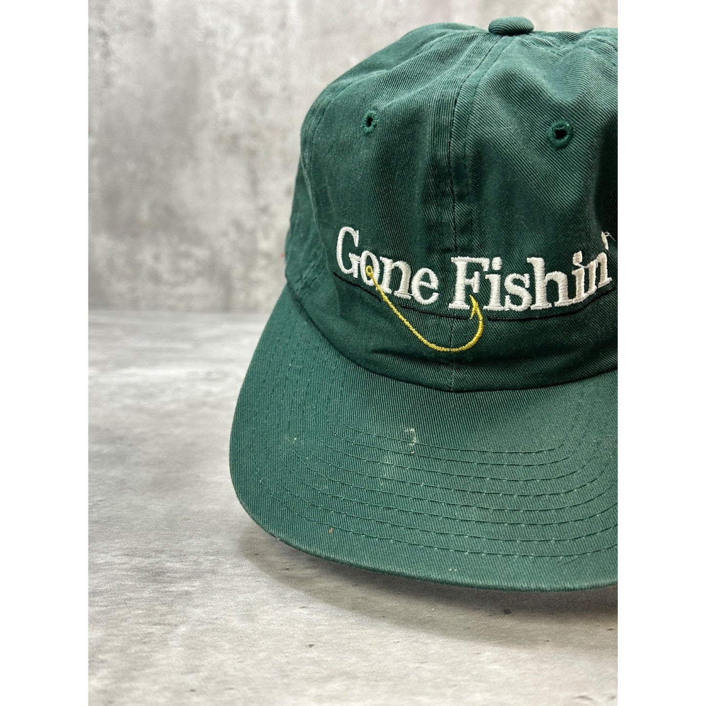 Vintage Gone Fishin' Embroidered Spellout Strapback Hat OSFA