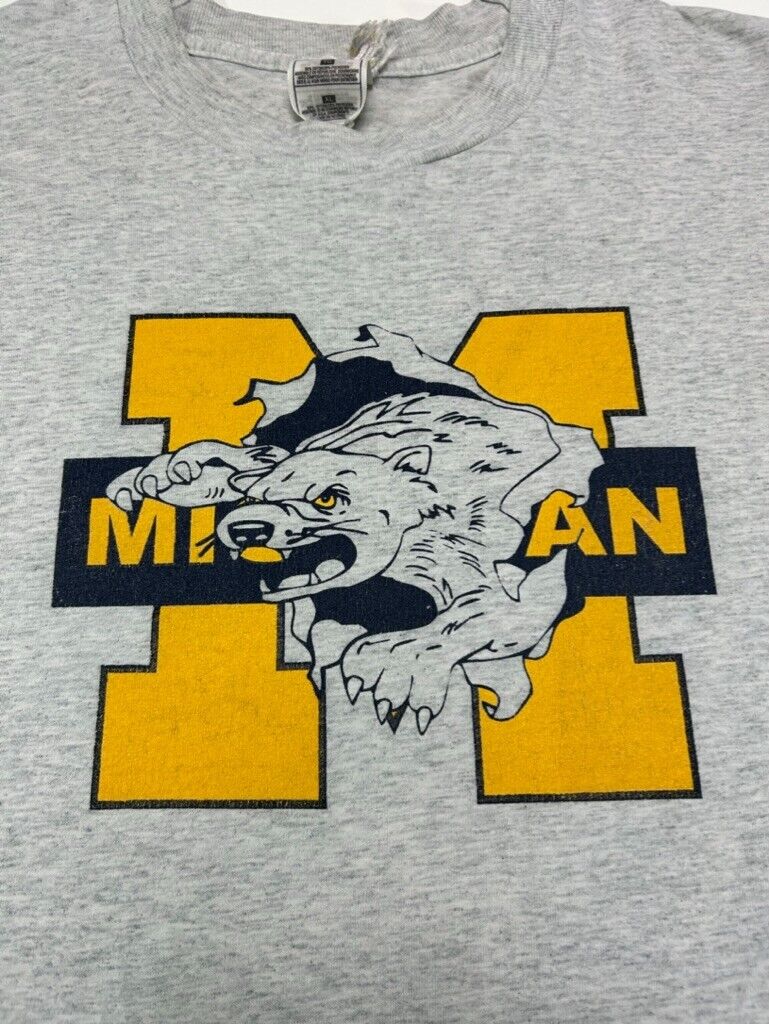 Vintage Michigan Wolverines NCAA Graphic Logo Long Sleeve T-Shirt Size Xl Gray