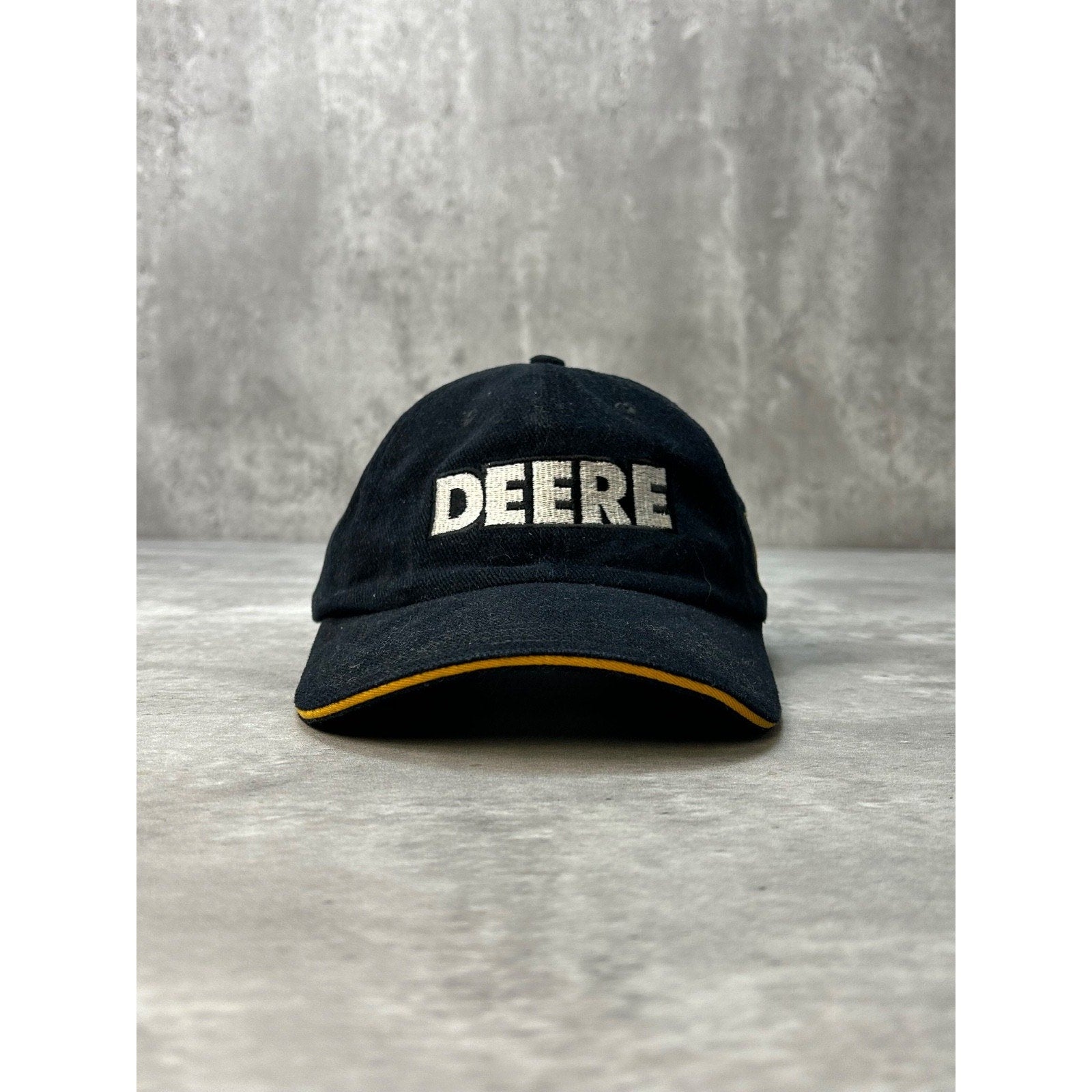 Vintage John Deere Embroidered Spellout Black Strapback Hat OSFA