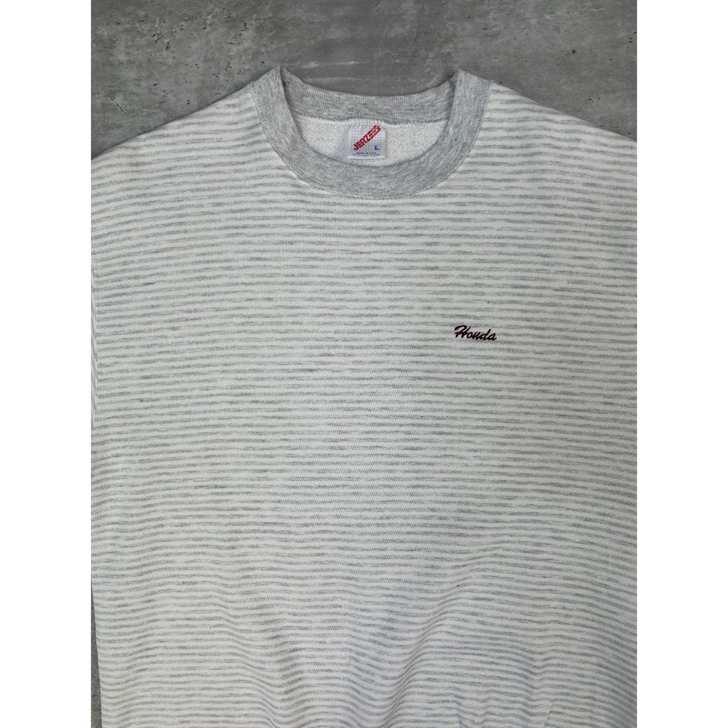 Vintage 90s Honda Embroidered Spellout Striped Crewneck Sweatshirt Size Large