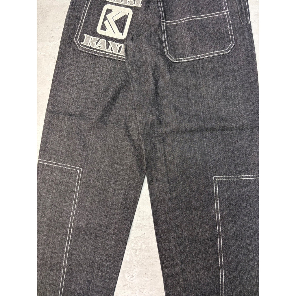 Vintage Y2K Womens Kani Embroidered Spellout Black Wash Denim Pants Size 28x29