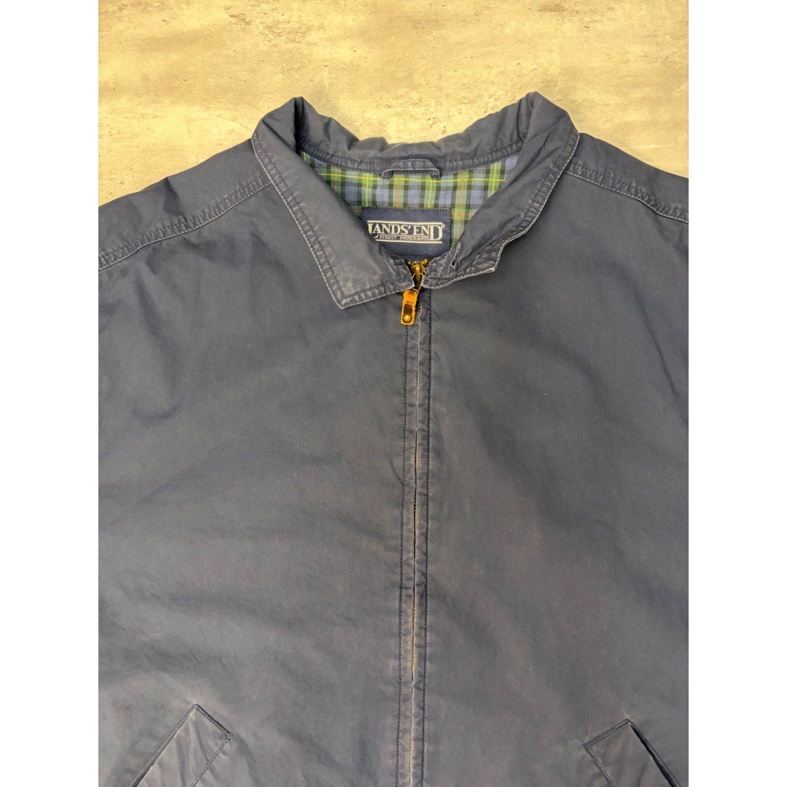 Vintage Lands End Plaid Lined Full Zip Navy Harrington Style Jacket Size Large