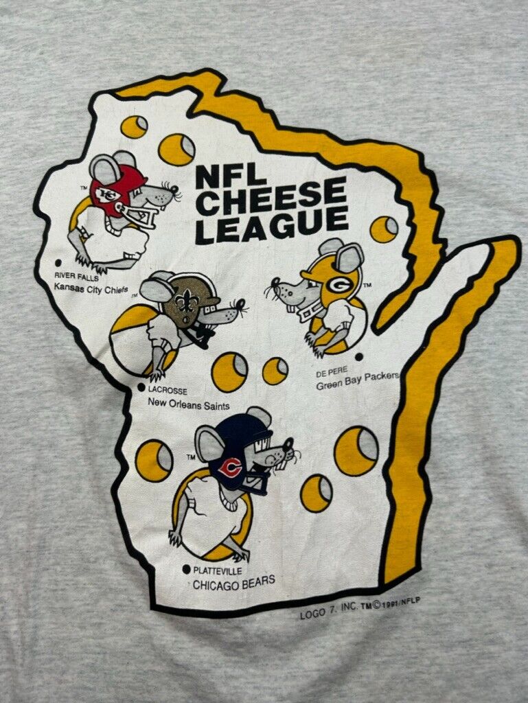 Vintage 1991 NFL Cheese League Football Parody Graphic T-Shirt Size XL Gray 90s