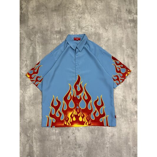 Vintage JNCO Jeans Flame Print Short Sleeve Button Up Shirt Size XL