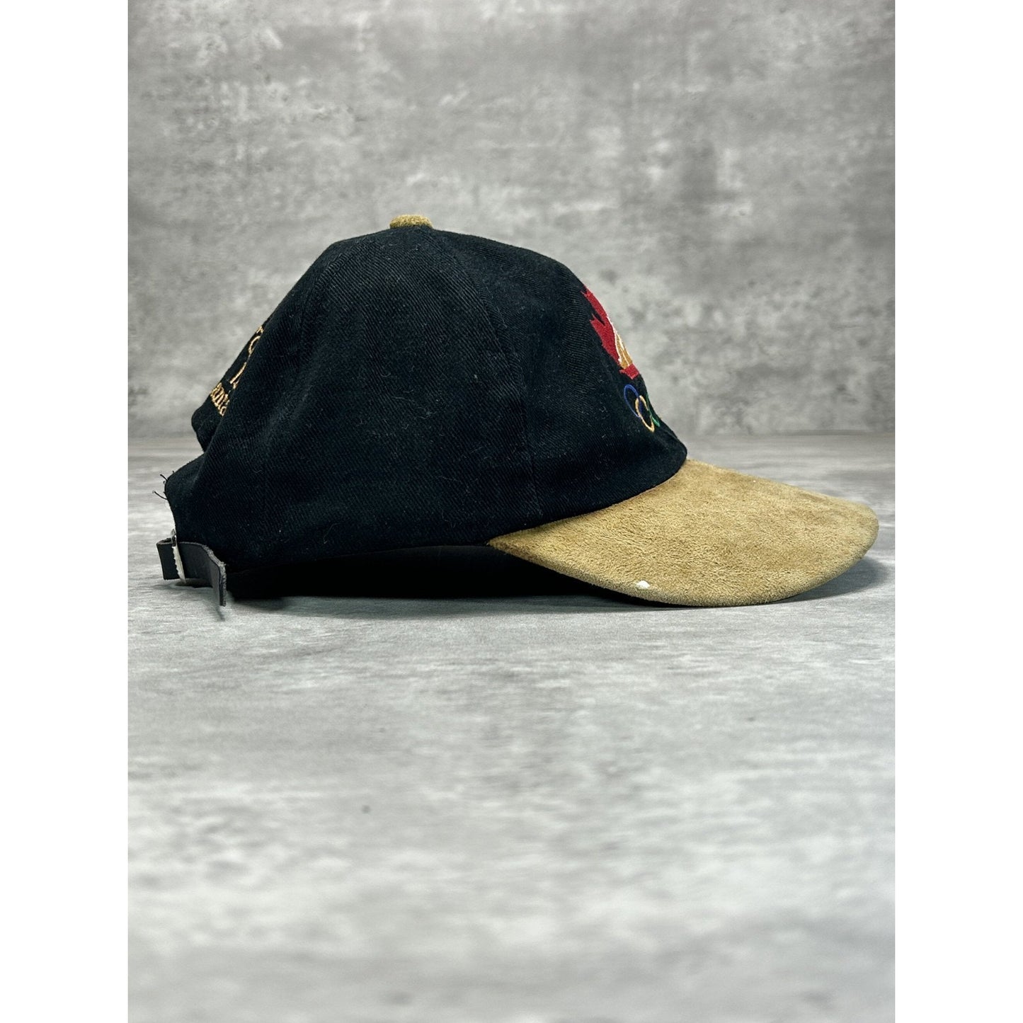 Vintage 90s Canada Olympics Embroidered Rings Logo Strapback Hat OSFA Black
