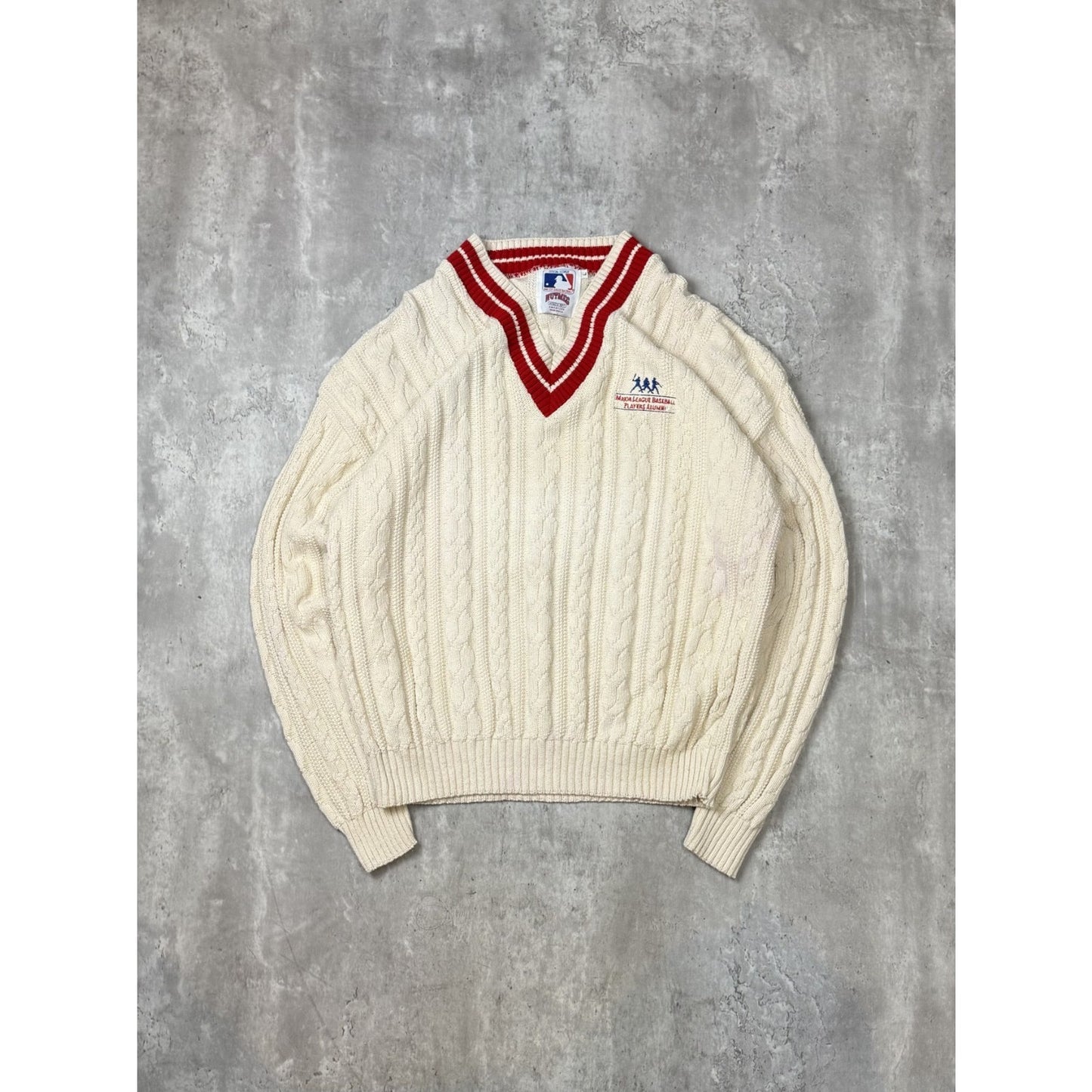 Vintage 90s MLB Player Alumni Embroidered Cable Knit V-Neck Sweater Size Large