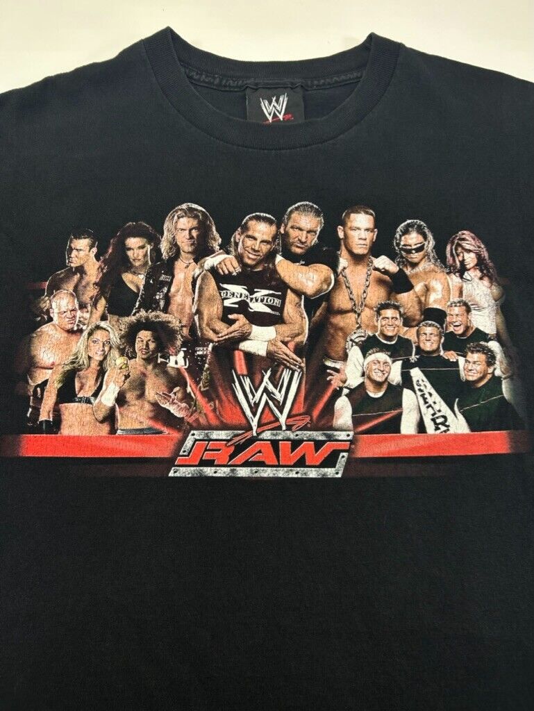 Vintage WWE Raw Wrestling Crew TV Promo Graphic T-Shirt Size Large Black